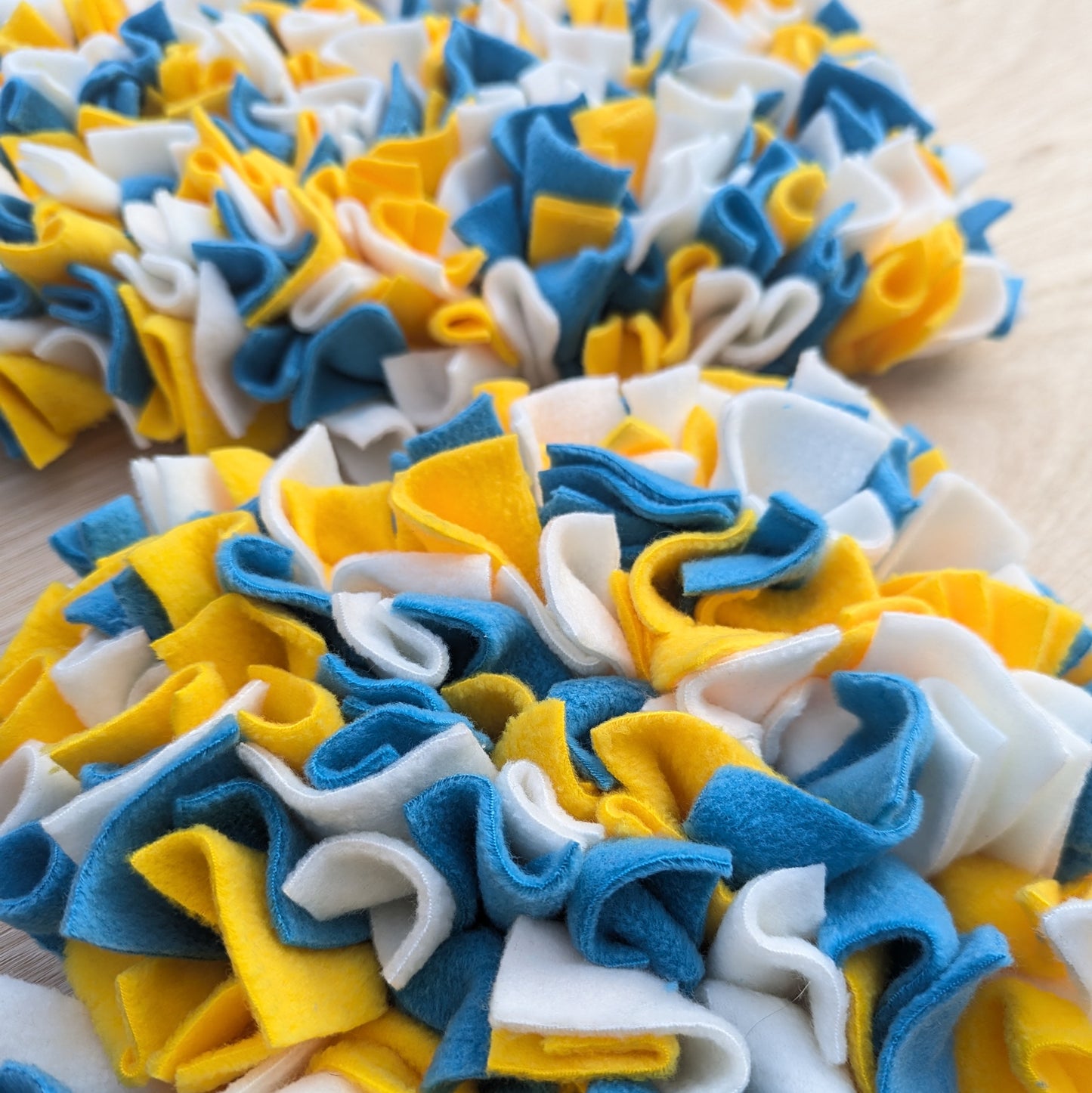 blue and yellow snuffle up close