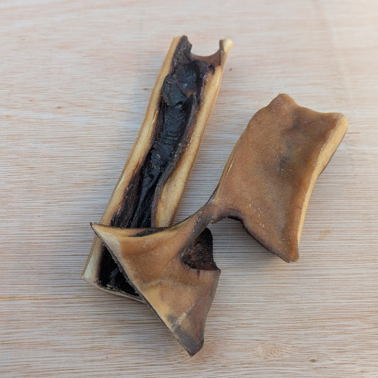 two pieces of camel skin on a wood board. One is straight the other is almost in two pieces but still help together with a thin connection