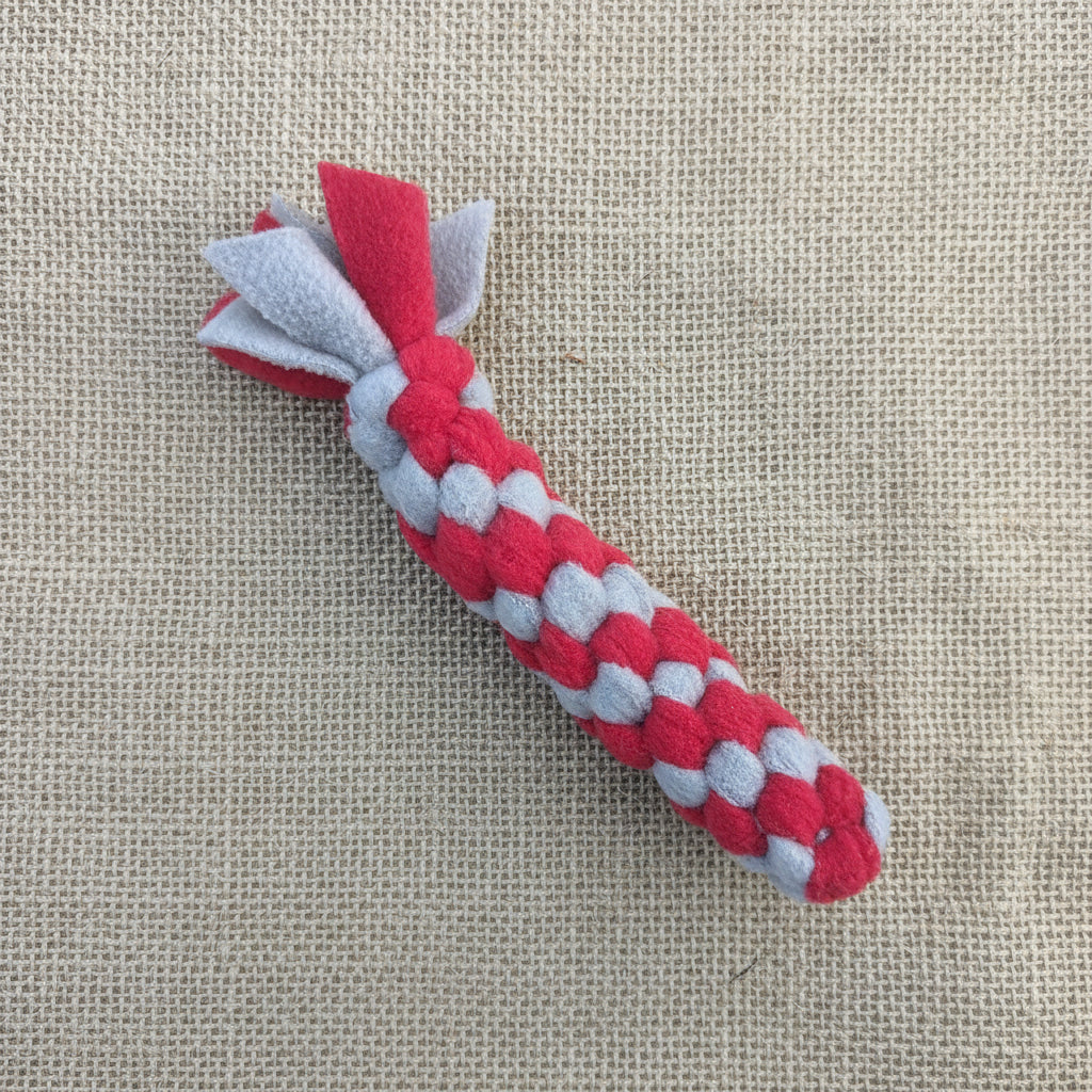 a 20cm red and grey, woven fleece tug scent toy