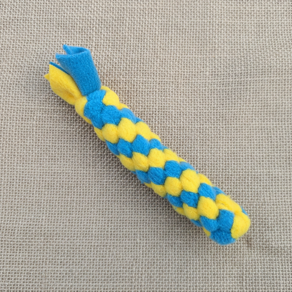 a 20cm blue and yellow, woven fleece tug scent toy