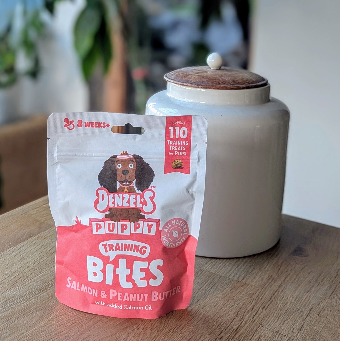 a light pink and white kraft bag of dog treats. There is a cartoon brown cocker spaniel on the bag. The bag is on the corner of a table in front of a white jar with a wooden lid. The jar is on the right behind the treats. There is a standing plant on the floor, blurred in the background in the top left corner
