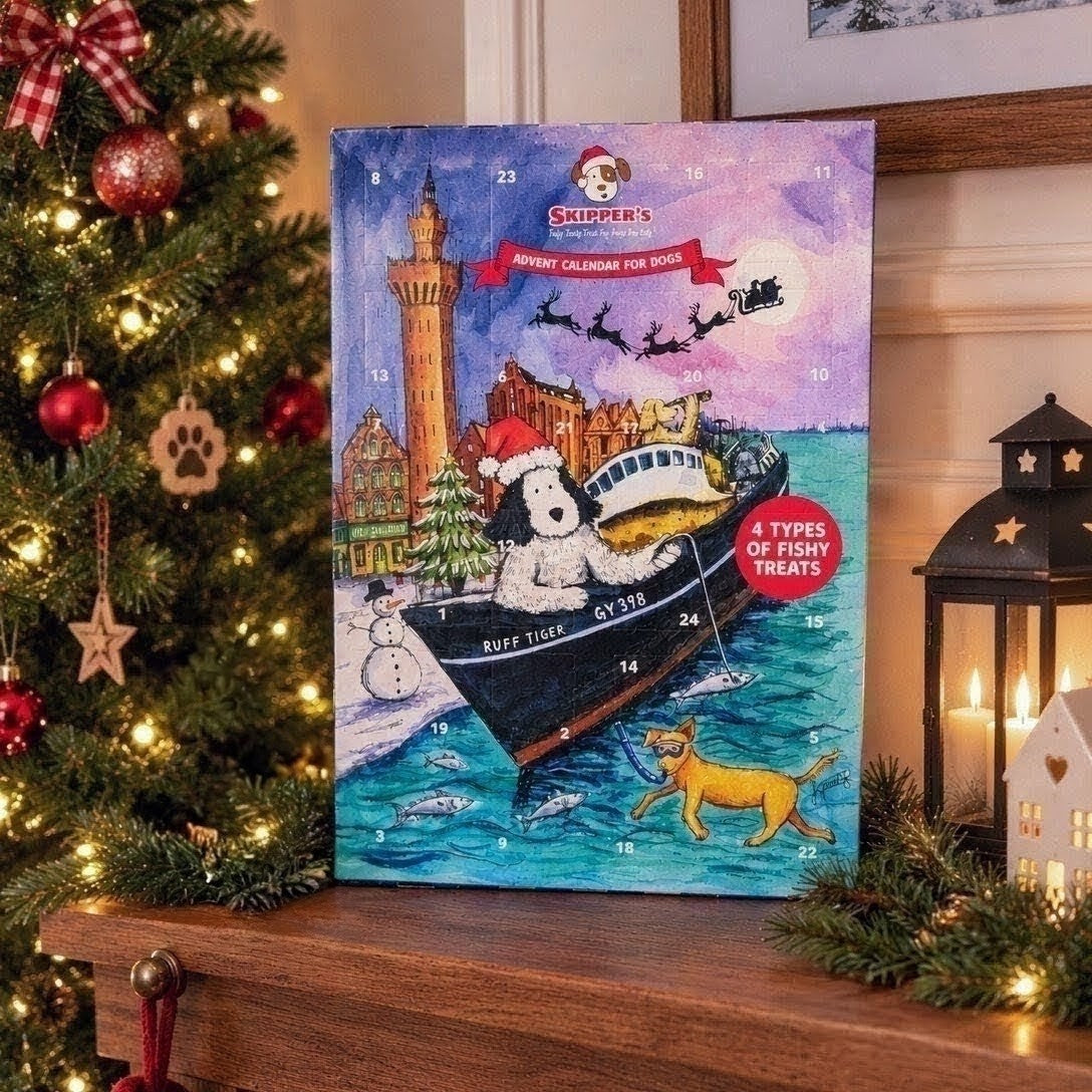 A Christmas-themed advent calendar displayed on a wooden mantelpiece next to a lit Christmas tree and a lantern.