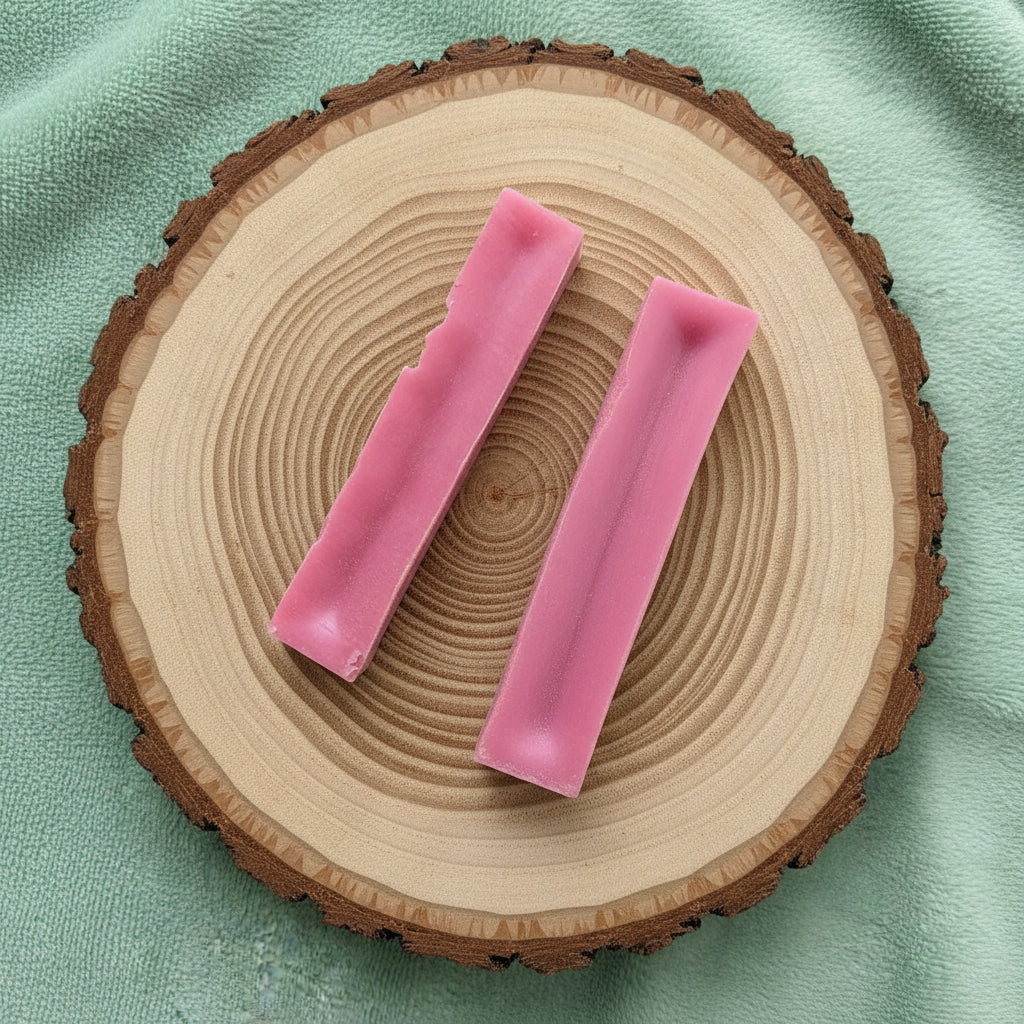 two medium strawberry Yakers yak bars lying next to each other. They are a darker pink colour