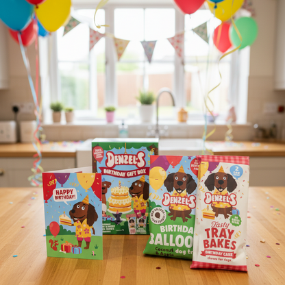 Three Denzel's branded birthday-themed pet treats and card in front of the gift box are displayed on a wooden table in a bright kitchen setting, with balloons, bunting, and confetti in the background.