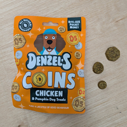 Denzel's Coins Chicken & Pumpkin Dog Treats packaging on a wooden surface with treats beside it on the right