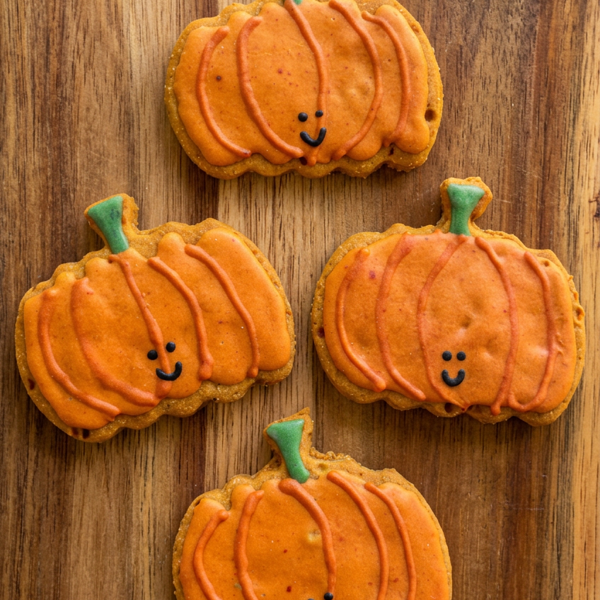 Four pumpkin-shaped dog biscuits with orange frosting and green stems, arranged on a rustic wooden surface.