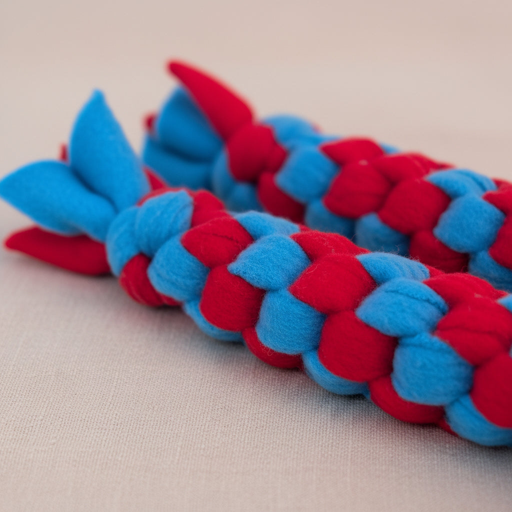 A close-up of two braided dog toys made from red and blue fleecw material, resting on a light wood surface.