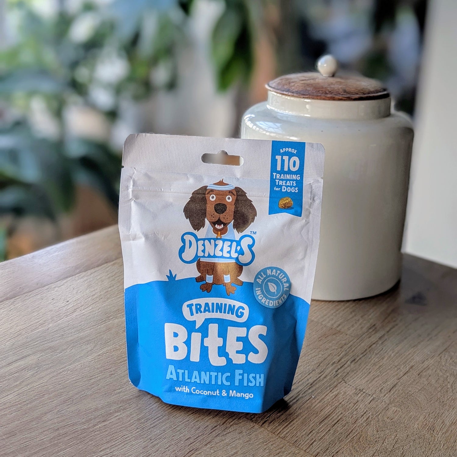 a blue and white kraft bag of dog treats. There is a cartoon brown cocker spaniel on the bag. The bag is on the corner of a table in front of a white jar with a wooden lid. The jar is on the right behind the treats. There is a standing plant on the floor, blurred in the background in the top left corner