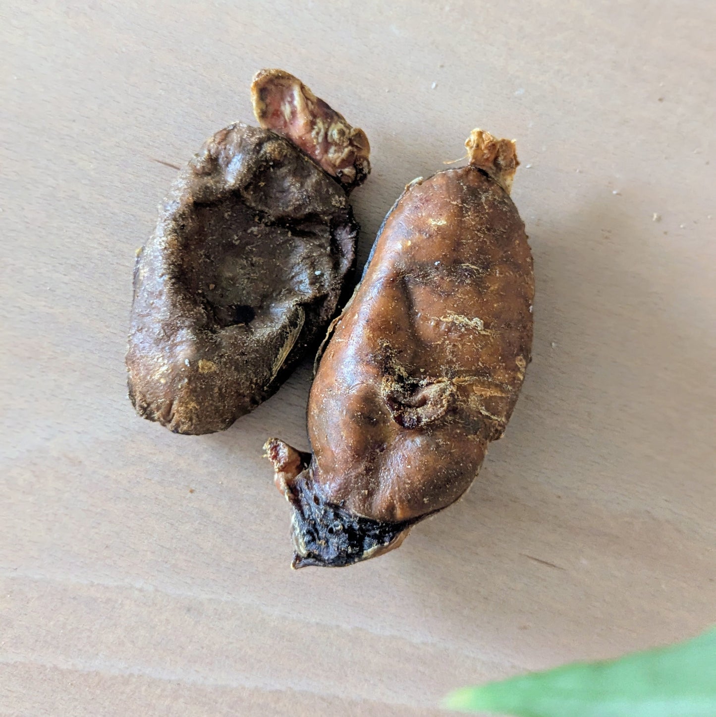 Two brown, dried beef testicles on a wood surface