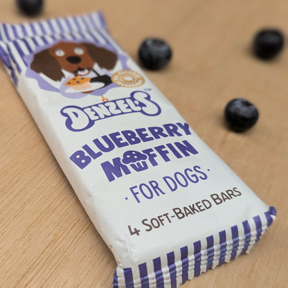 A close up of the words "blueberry Muffin for dogs, 4 soft-baked bars"