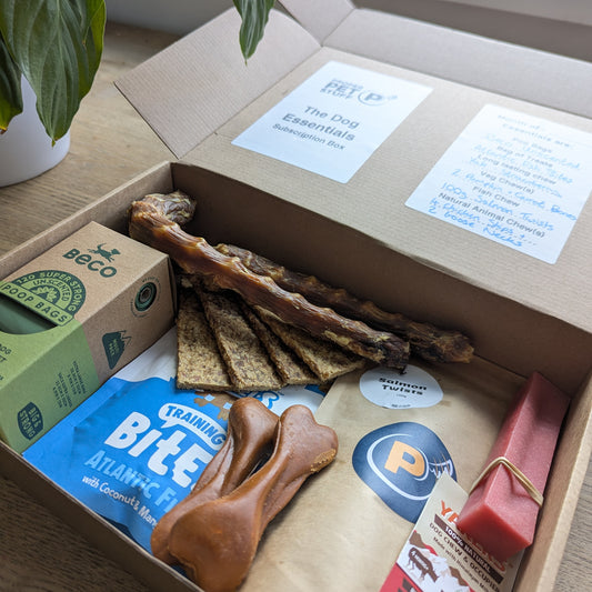 the box is open showing the name on the open lid and contents label. Every item is visible - beco poo bags, strawberry yak, two goose necks, three meaty strips, atlantic fish bites, salmon twists, two pumpkin and carrot bones. the photo is taken from the right showing the products at an angle