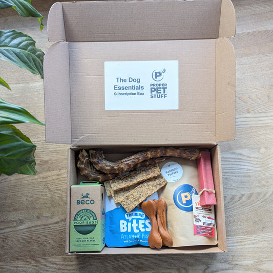 the box is open showing the name on the open lid. Every item is visible - beco poo bags, strawberry yak, two goose necks, three meaty strips, atlantic fish bites, salmon twists, two pumpkin and carrot bones