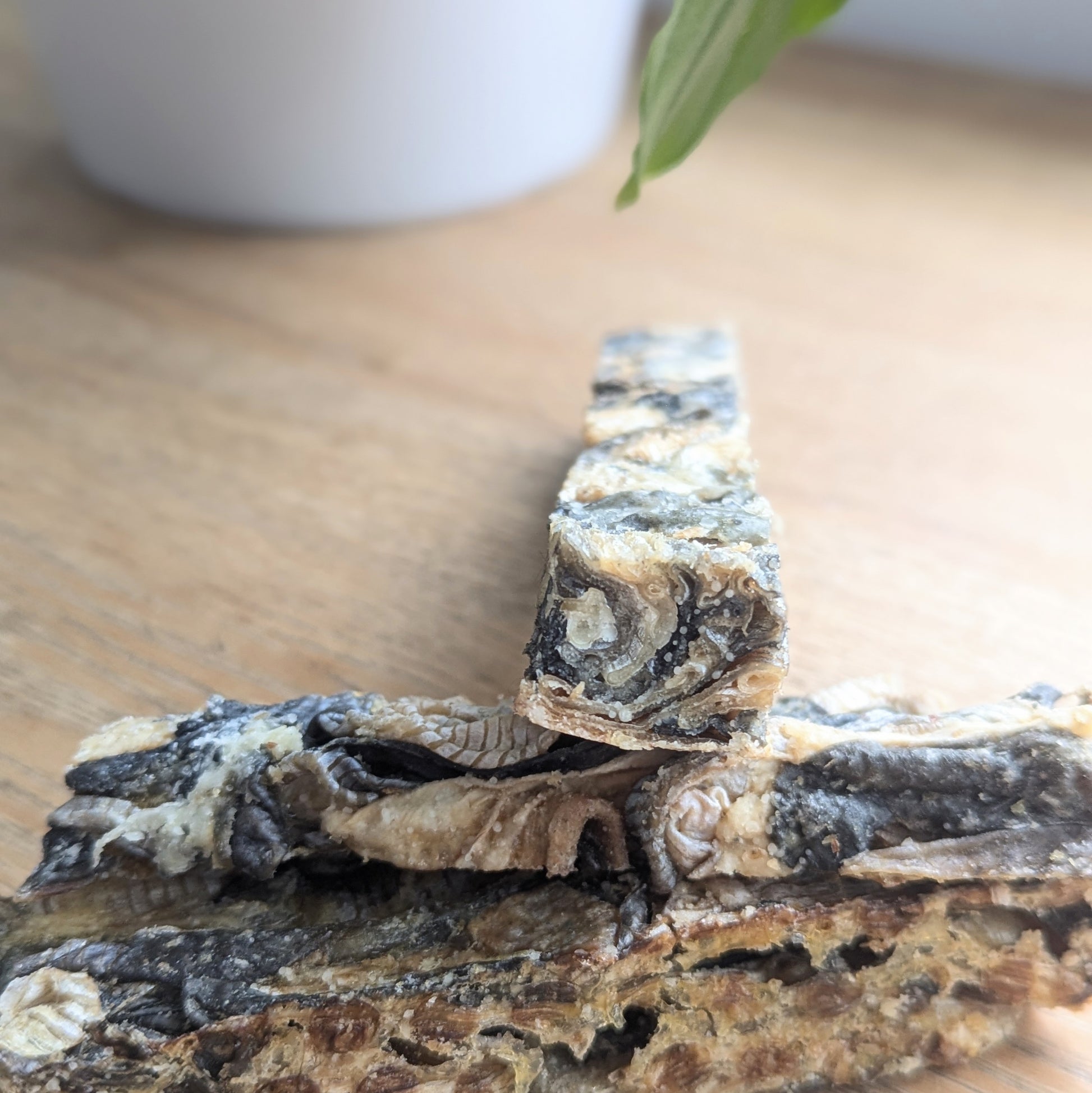 close up of the end of one fish finger dog chew. It is marbled grey and white