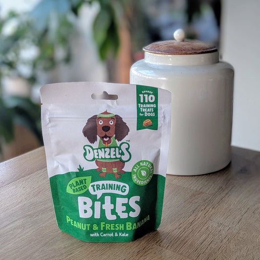 a green and white kraft bag of dog treats. There is a cartoon brown cocker spaniel on the bag. The bag is on the corner of a table in front of a white jar with a wooden lid. The jar is on the right behind the treats. There is a standing plant on the floor, blurred in the background in the top left corner