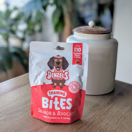 a coral and white kraft bag of dog treats. There is a cartoon brown cocker spaniel on the bag. The bag is on the corner of a table in front of a white jar with a wooden lid. The jar is on the right behind the treats. There is a standing plant on the floor, blurred in the background in the top left corner