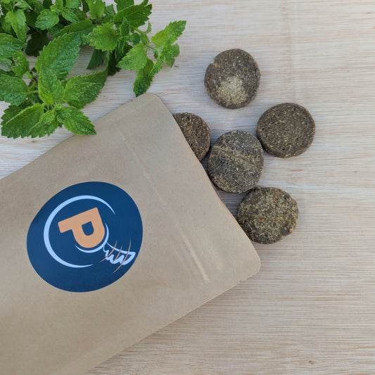 salmon cookies spilling out of a brown kraft resealable bag with a Proper Pet Stuff blue logo sticker on