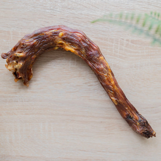 A single turkey neck dog chew. The shape looks like a giant meaty candy cane