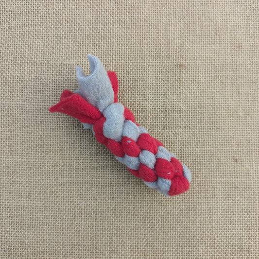 a 10cm red and grey, woven fleece tug scent toy