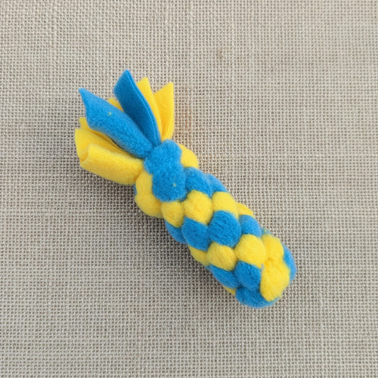 a 10cm blue and yellow, woven fleece tug scent toy